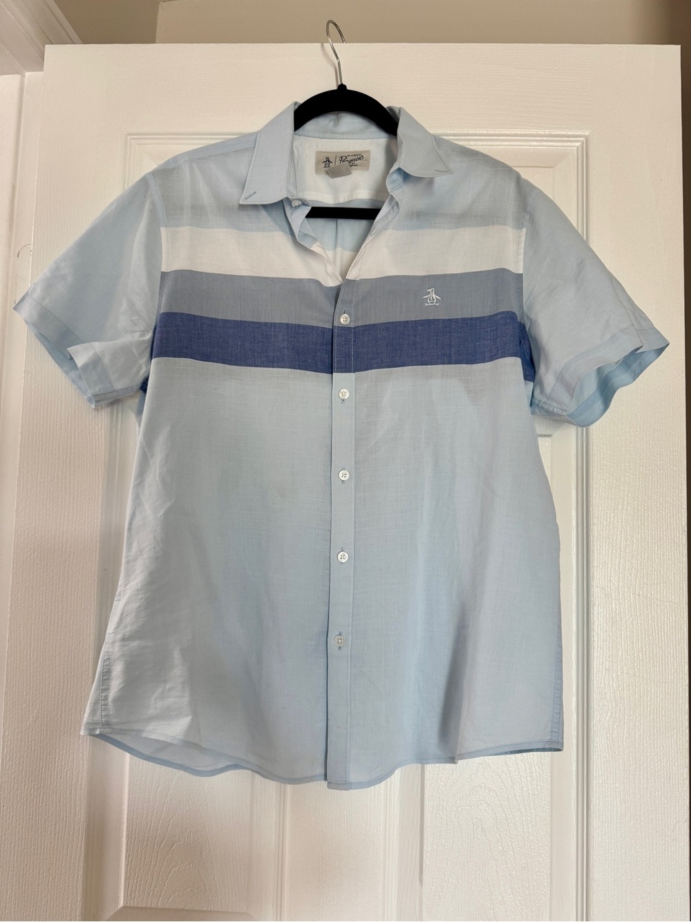 Original Penguin Light Blue Short-Sleeve Button-Down with Navy and White Stripes